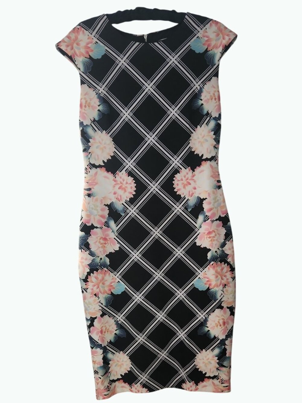 NY&Co Floral Plaid Sheath Dress in Black/White/Floral pink Medium